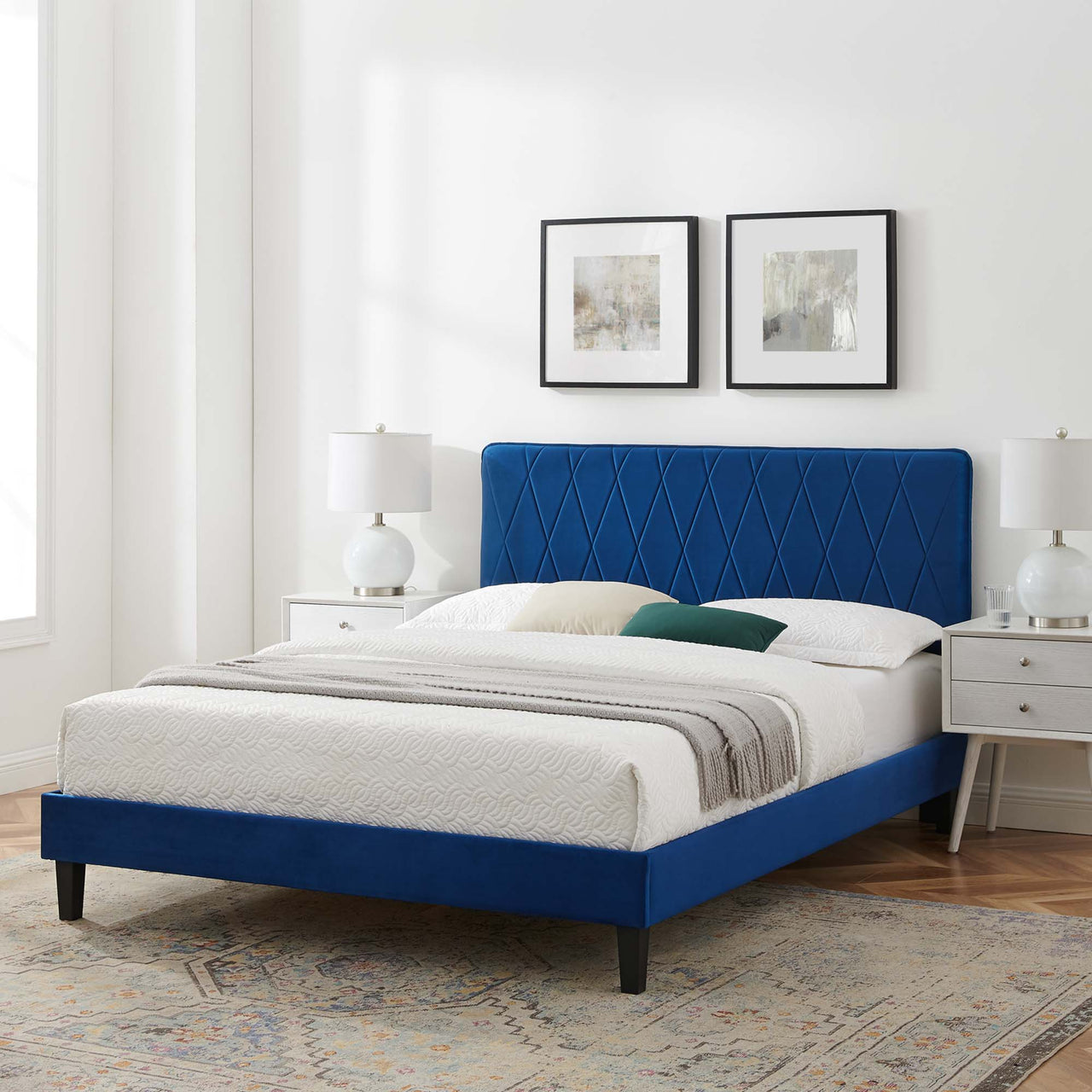 Diamond Upholstered Velvet King Platform Bed, Navy & Black