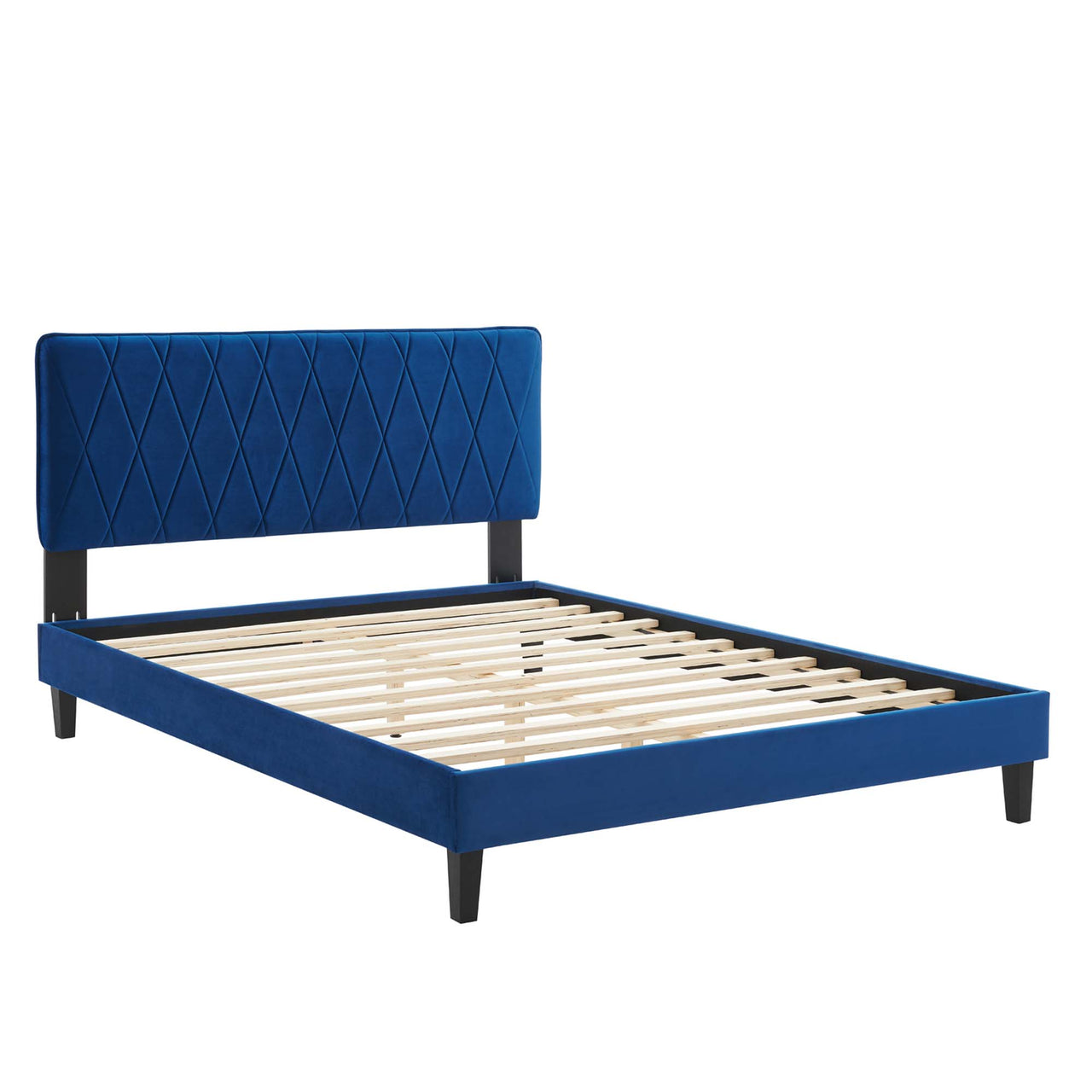 Diamond Upholstered Velvet King Platform Bed, Navy & Black