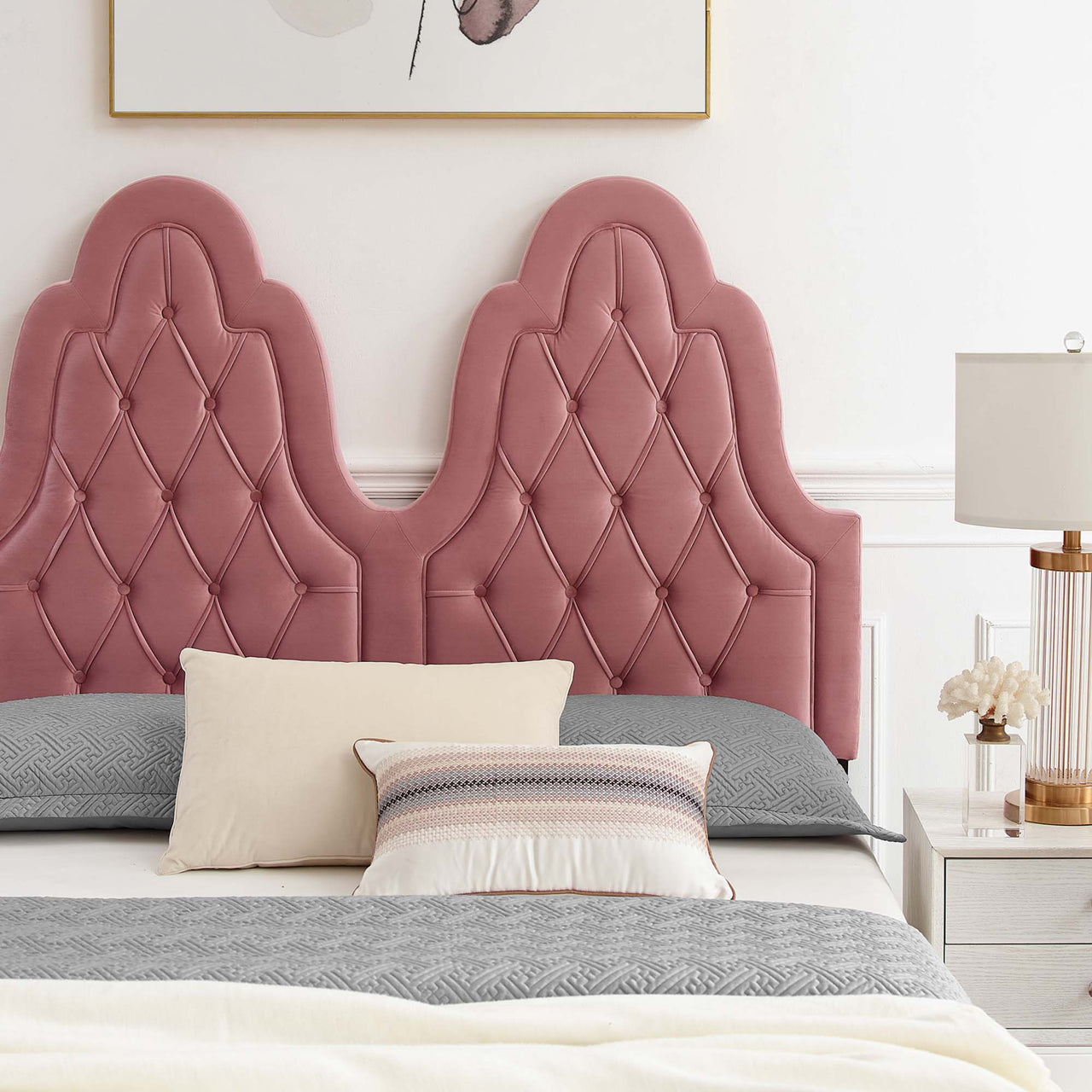 Celestina Velvet Twin Platform Bed, Dusty Rose