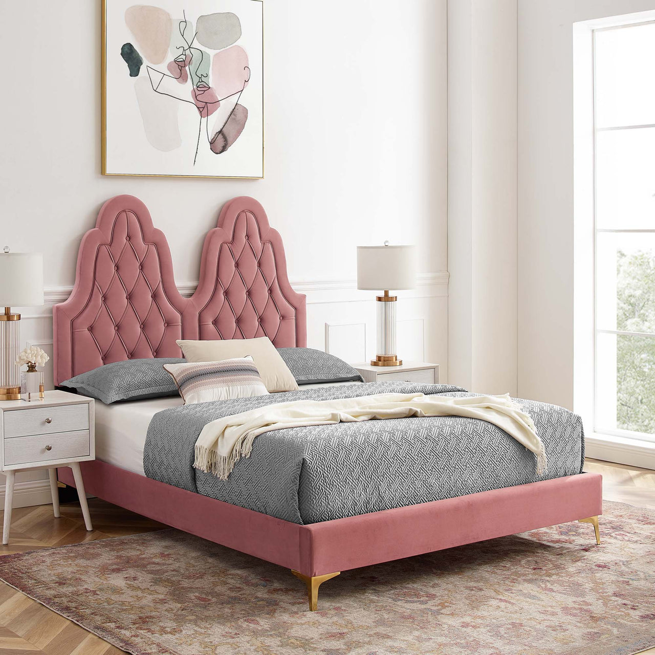 Celestina Velvet Twin Platform Bed, Dusty Rose