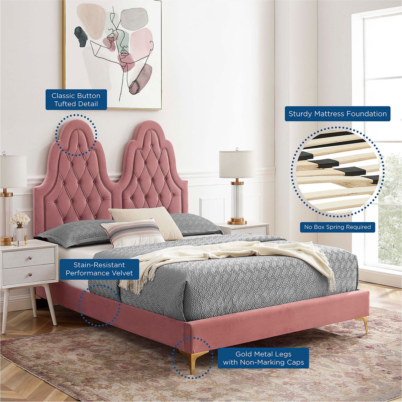 Celestina Velvet Twin Platform Bed, Dusty Rose