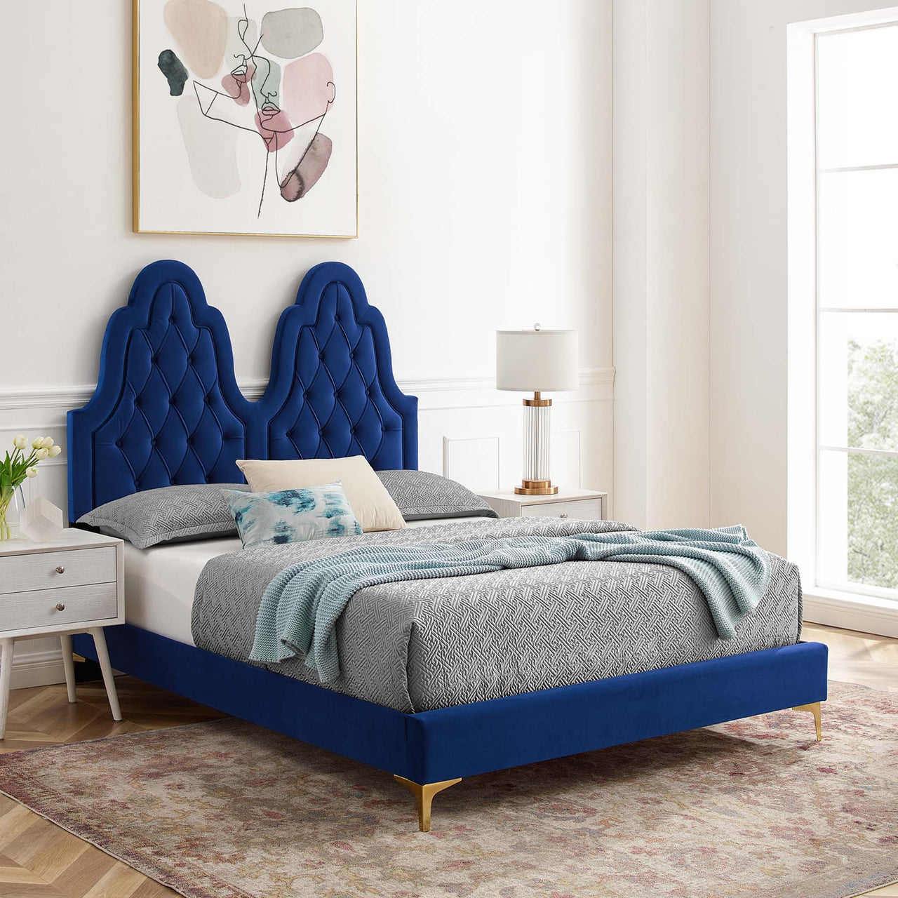 Celestina Velvet Twin Platform Bed, Navy
