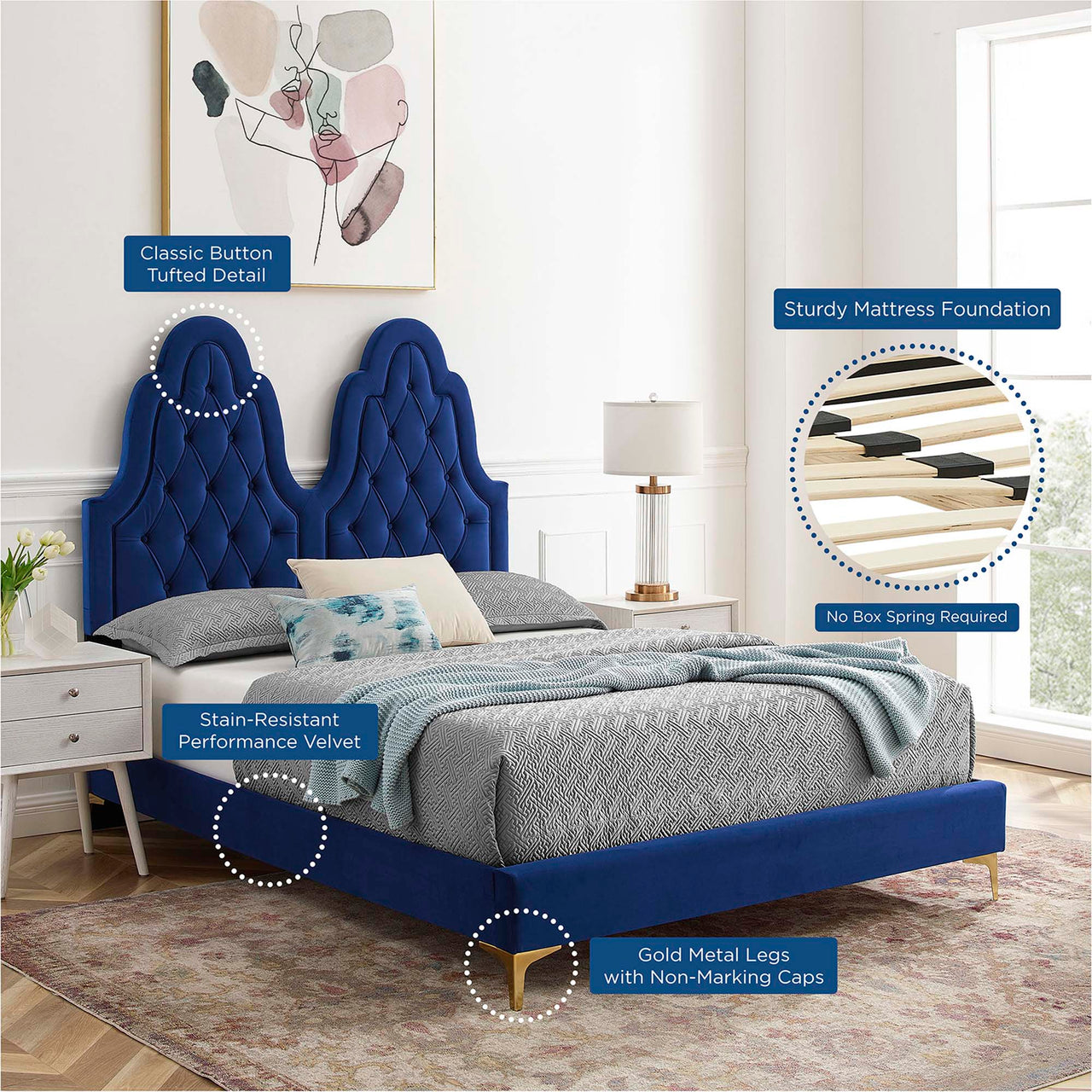 Celestina Velvet Twin Platform Bed, Navy