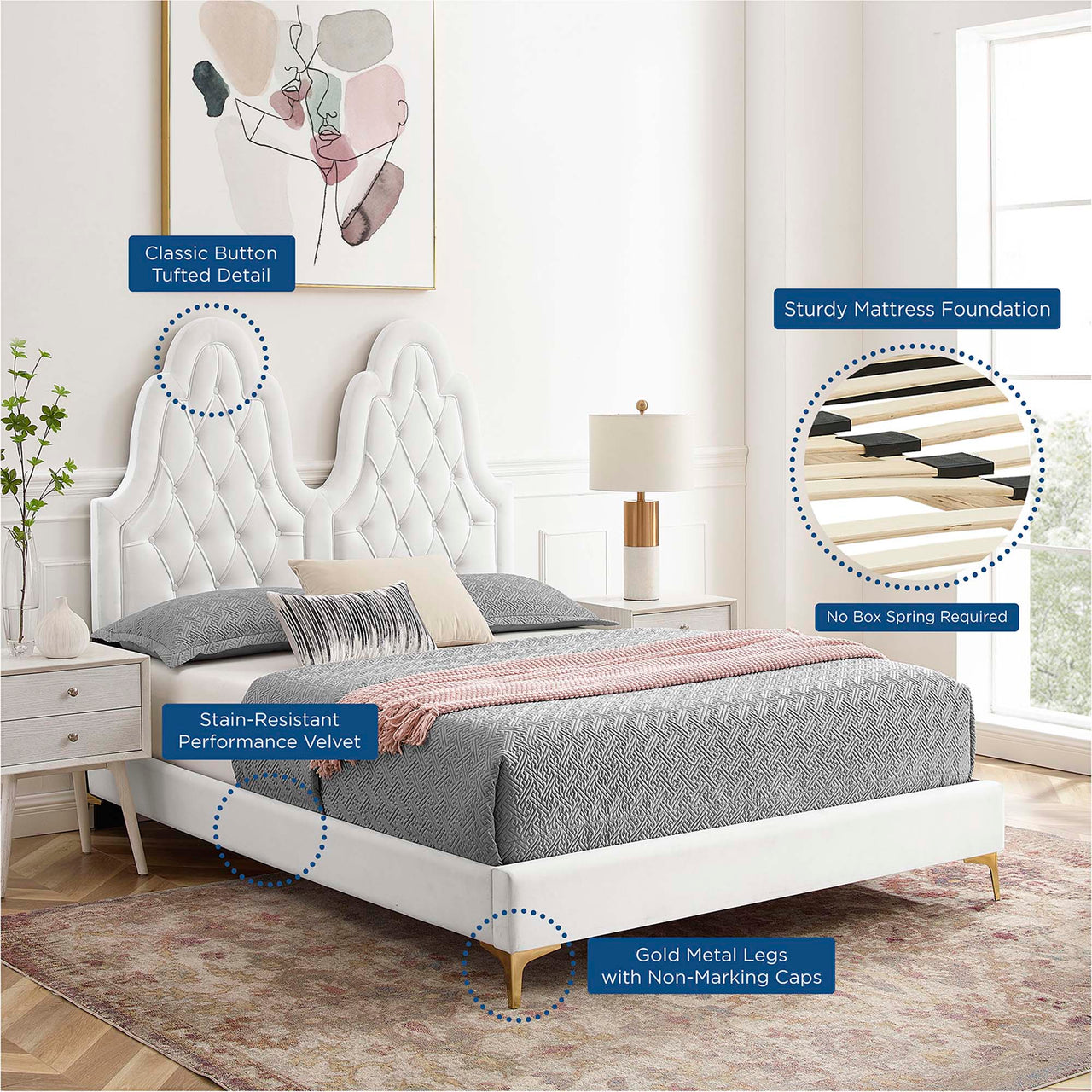 Celestina Velvet Twin Platform Bed, White