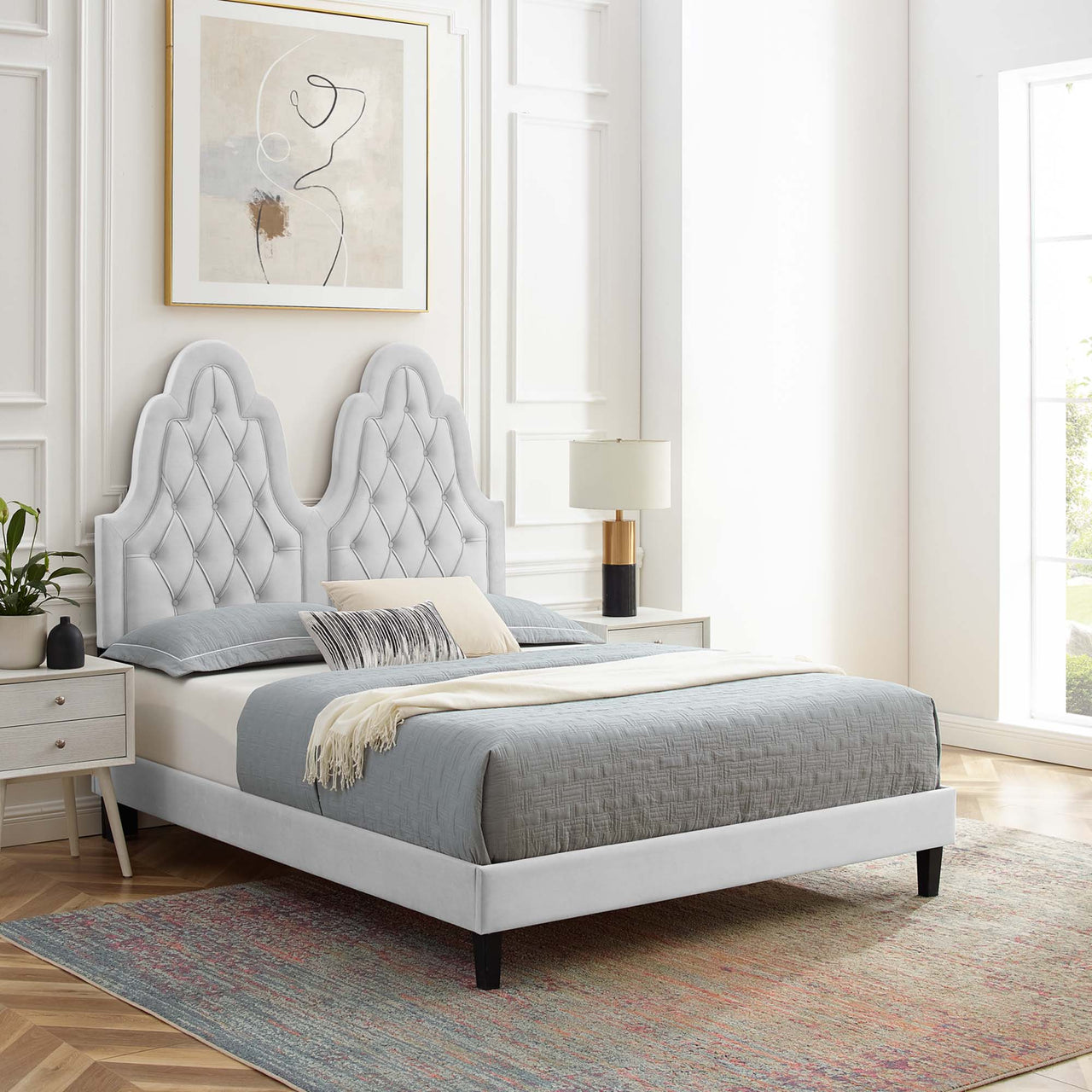 Celestina Velvet Twin Platform Bed, Light Gray