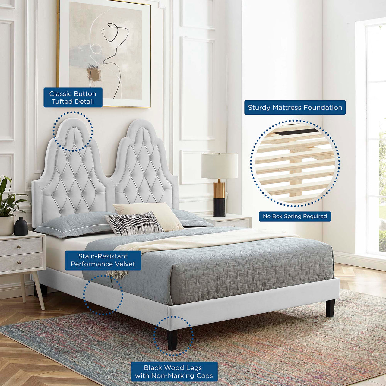 Celestina Velvet Twin Platform Bed, Light Gray