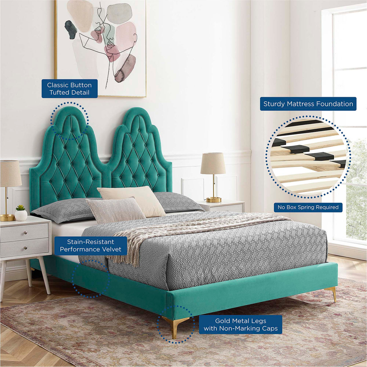 Celestina Velvet King Platform Bed, Teal