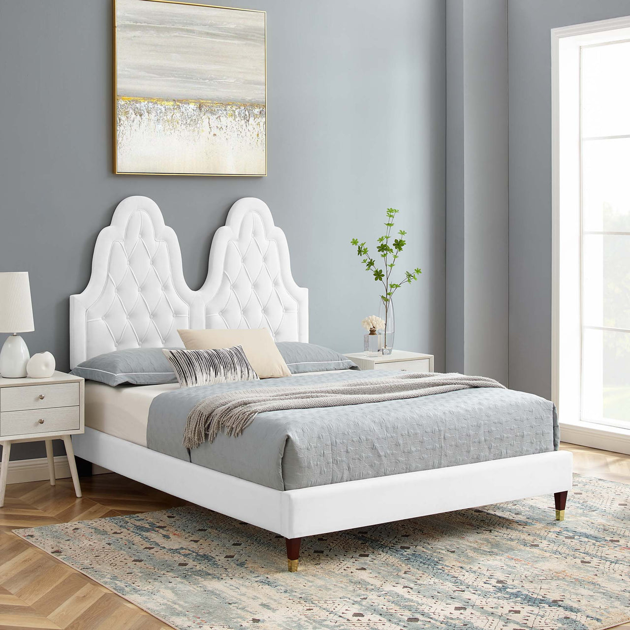 Celestina Velvet King Platform Bed, White
