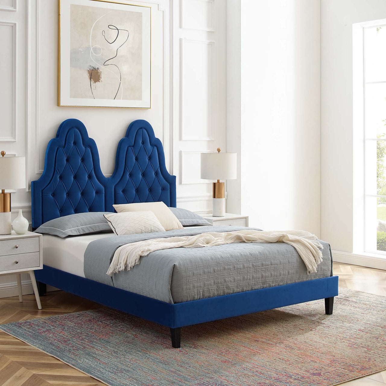 Celestina Velvet King Platform Bed, Navy