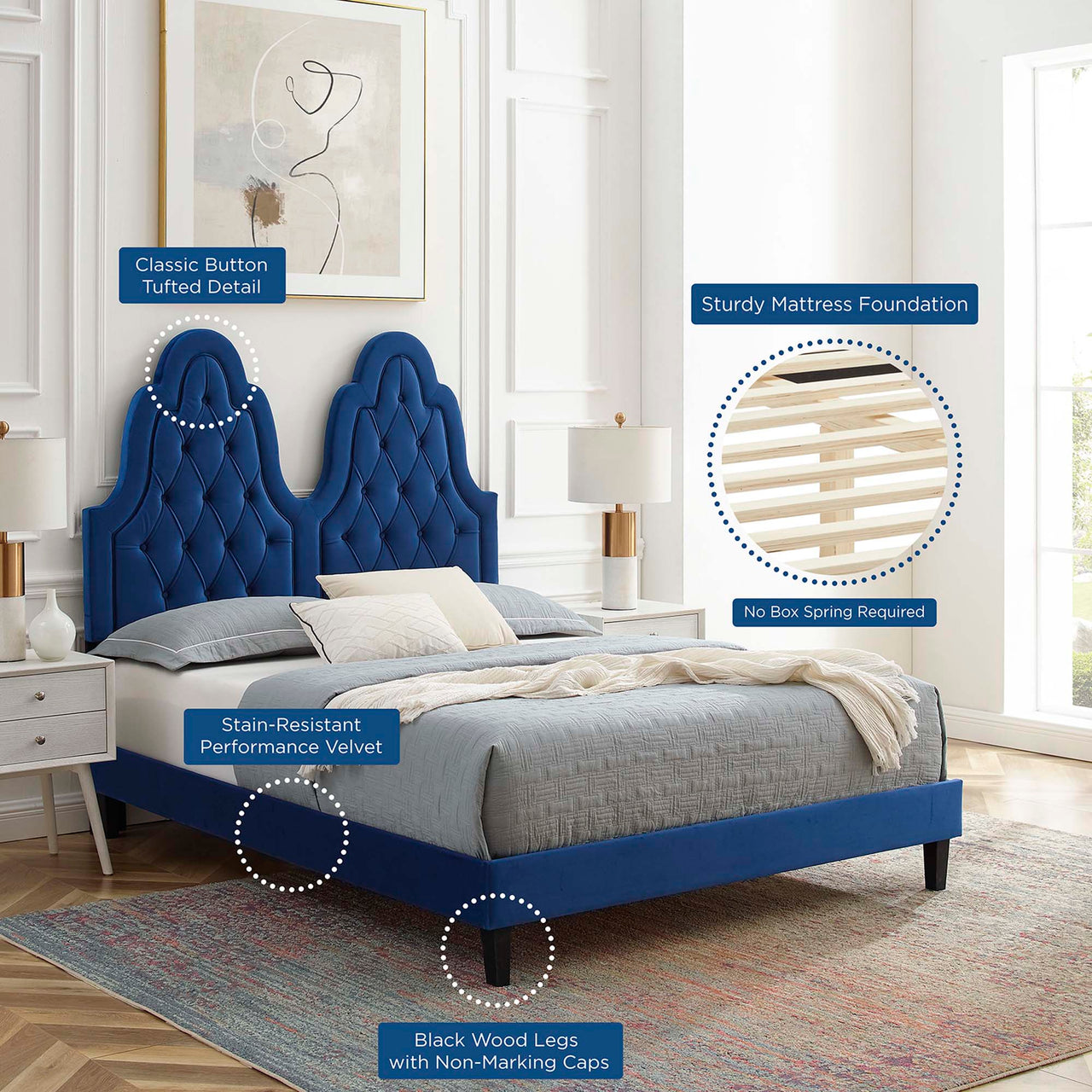 Celestina Velvet King Platform Bed, Navy