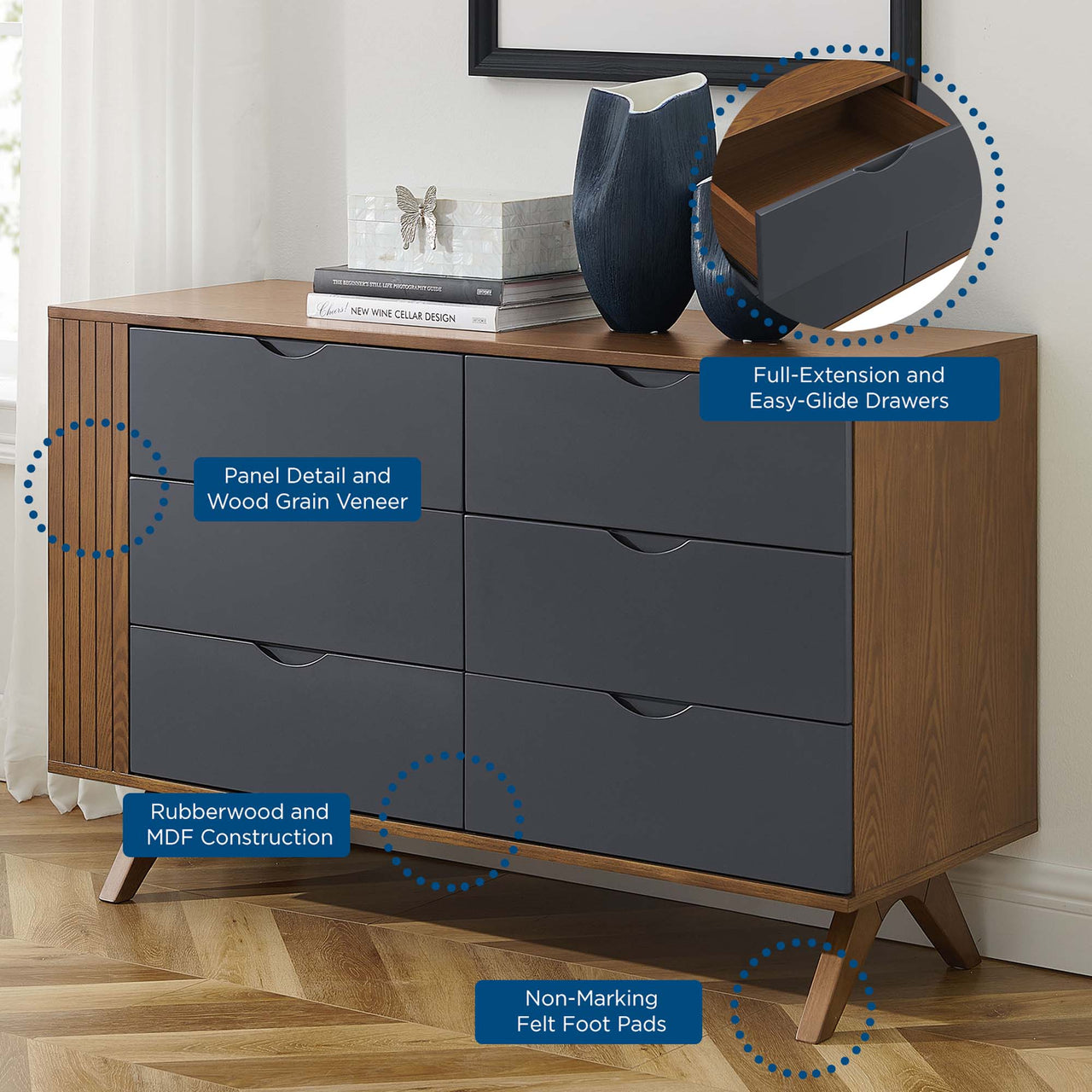 Duvall Dresser & Mirror Set, Walnut & Gray