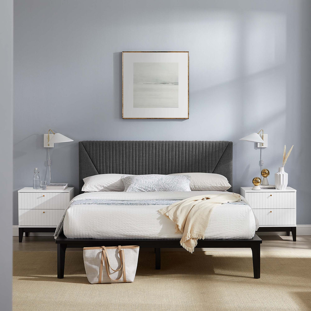 Noelle 3-Piece Upholstered Bedroom Set, White & Gray