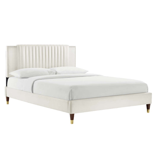 Zirelle Upholstered Velvet Queen Platform Bed, White