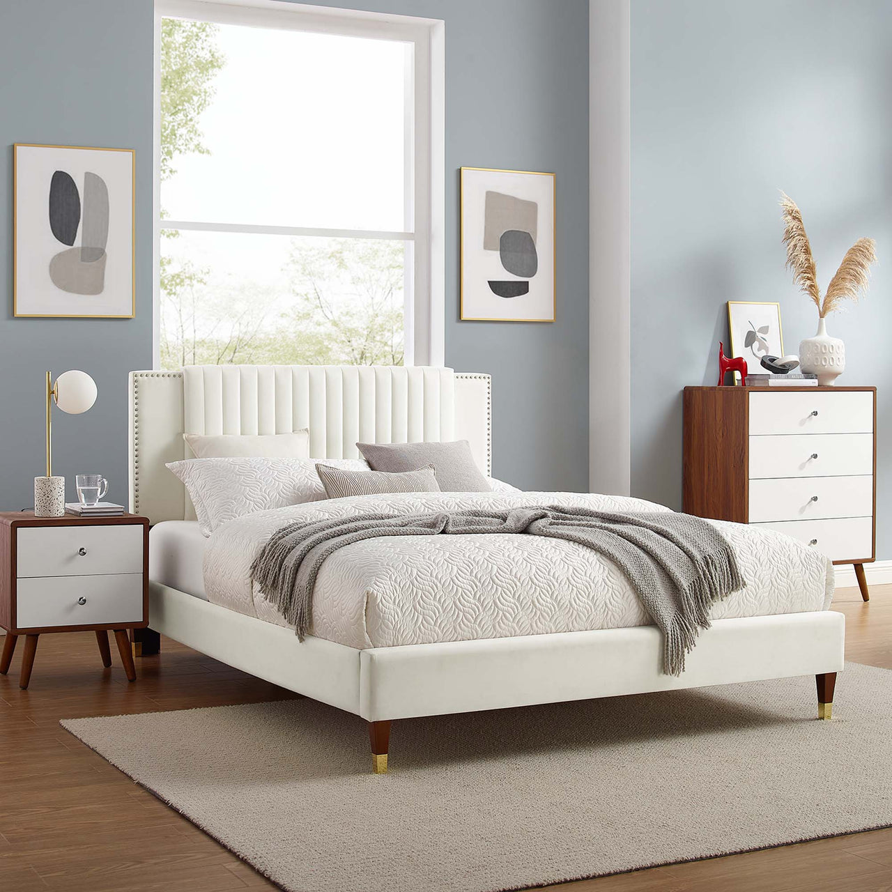 Zirelle Upholstered Velvet Queen Platform Bed, White