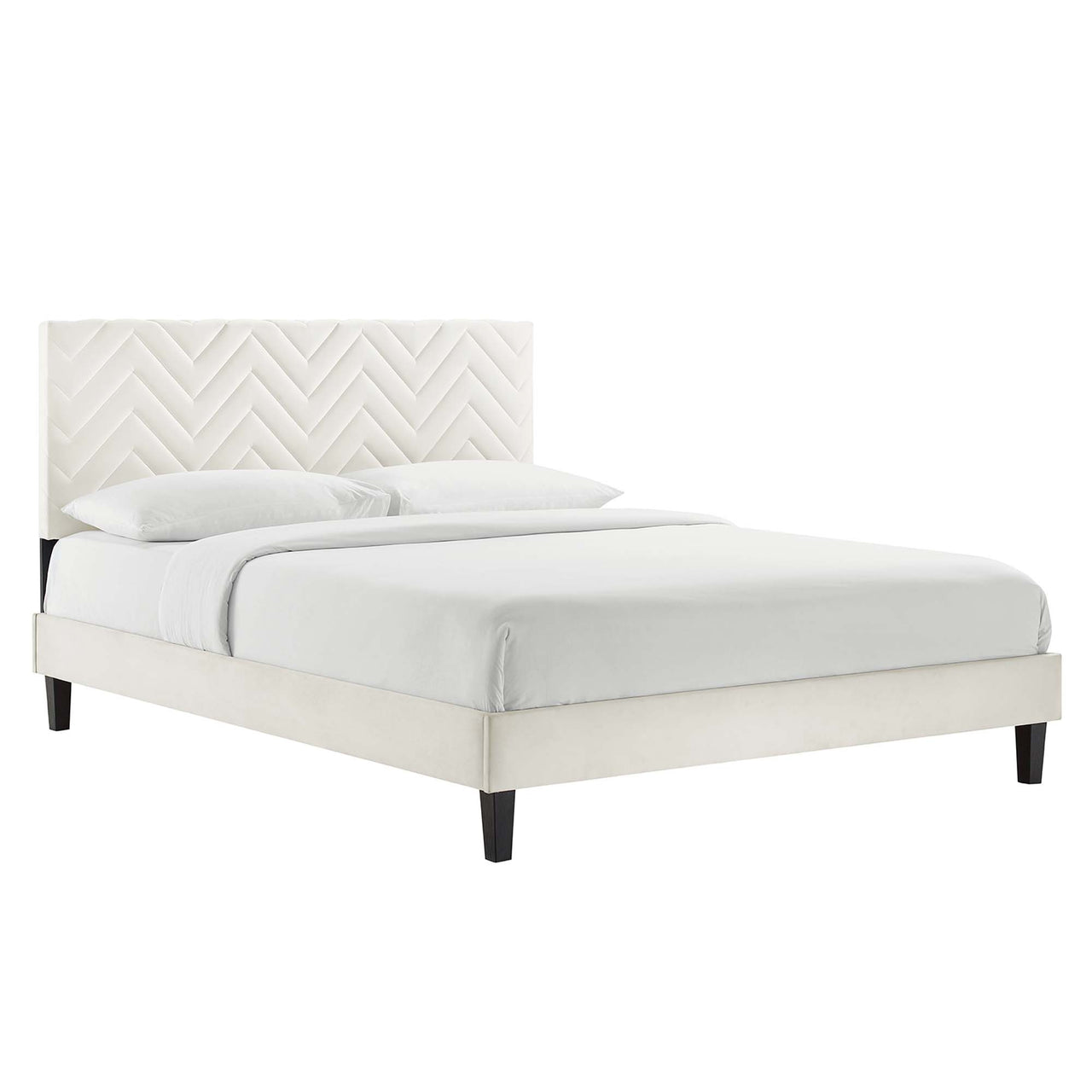 Traverse Upholstered Velvet Queen Platform Bed, White & Black