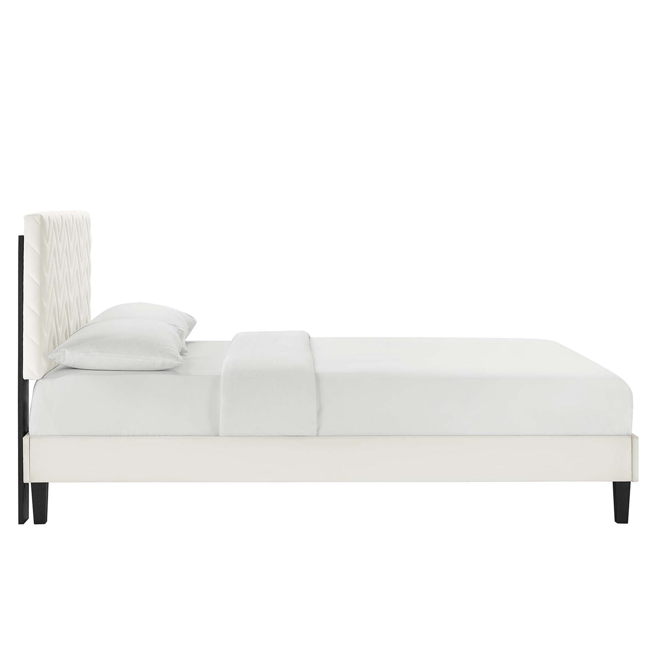Traverse Upholstered Velvet Queen Platform Bed, White & Black