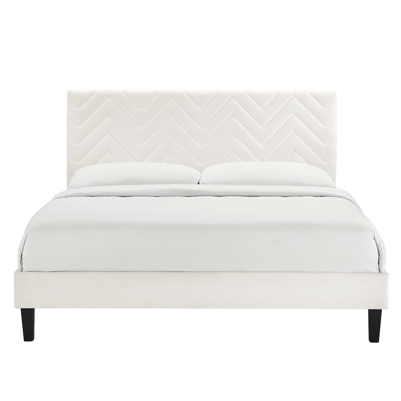 Traverse Upholstered Velvet Queen Platform Bed, White & Black