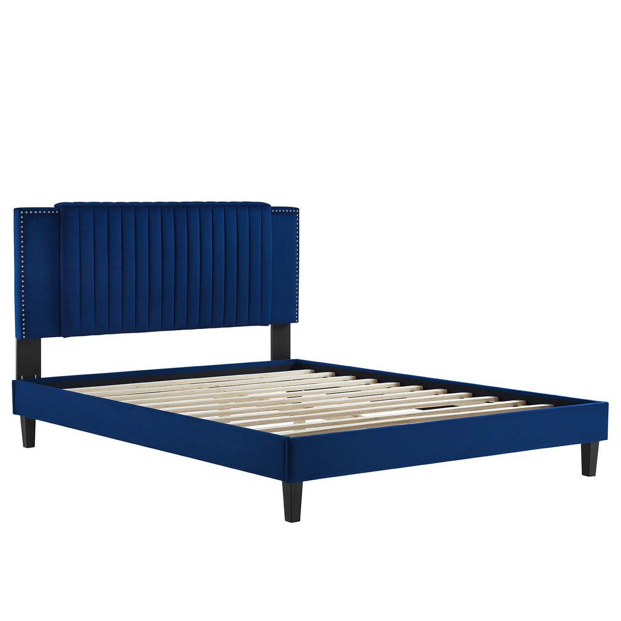 Zirelle Upholstered Velvet Queen Platform Bed, Navy
