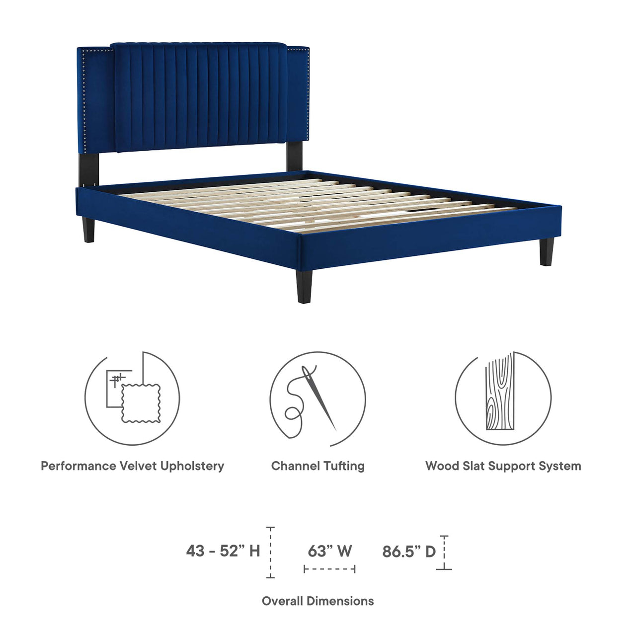 Zirelle Upholstered Velvet Queen Platform Bed, Navy