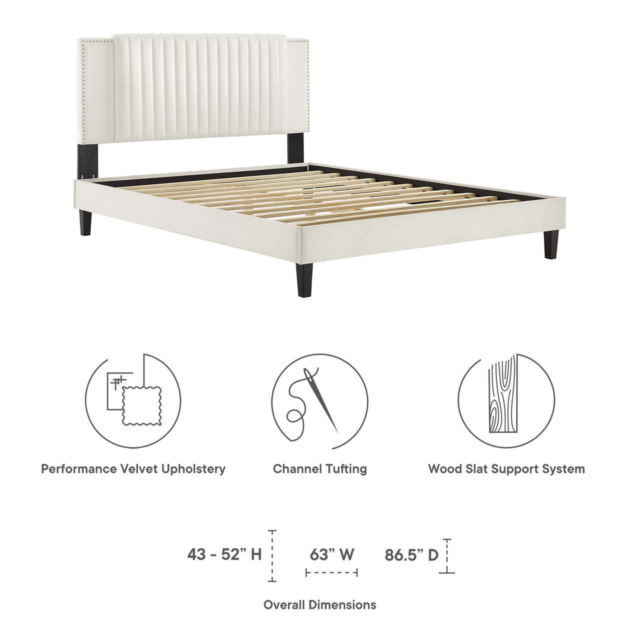 Zirelle Upholstered Velvet Queen Platform Bed, White