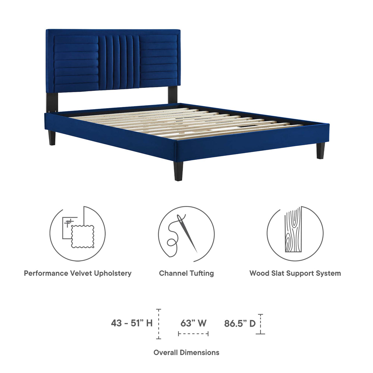 Selphie Upholstered Velvet Queen Platform Bed, Navy
