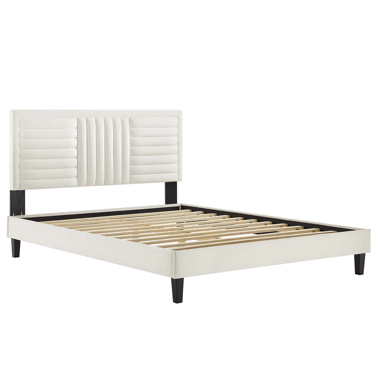 Selphie Upholstered Velvet Queen Platform Bed, White