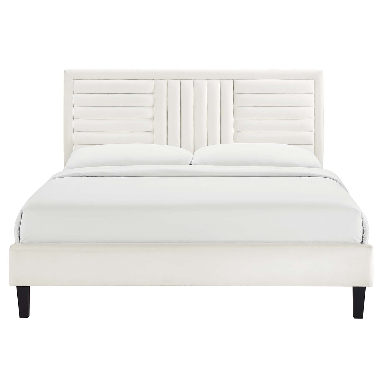 Selphie Upholstered Velvet Queen Platform Bed, White