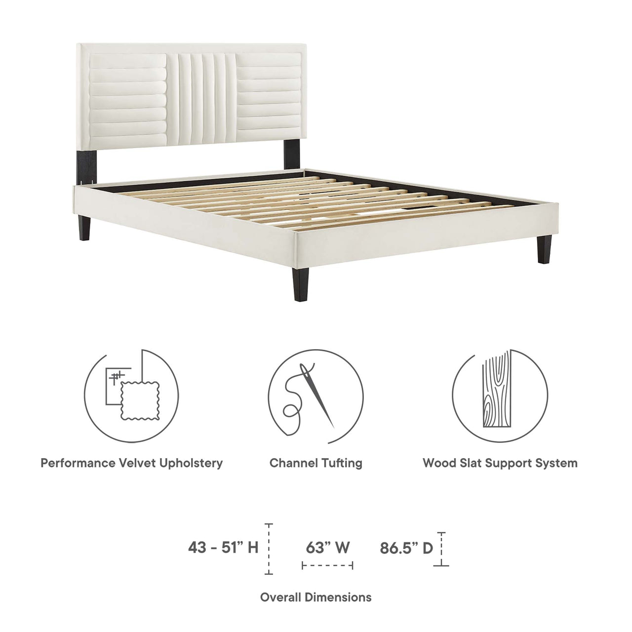 Selphie Upholstered Velvet Queen Platform Bed, White