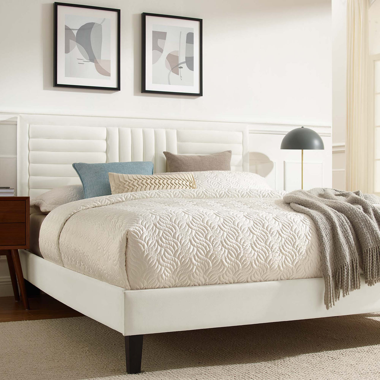 Selphie Upholstered Velvet Queen Platform Bed, White
