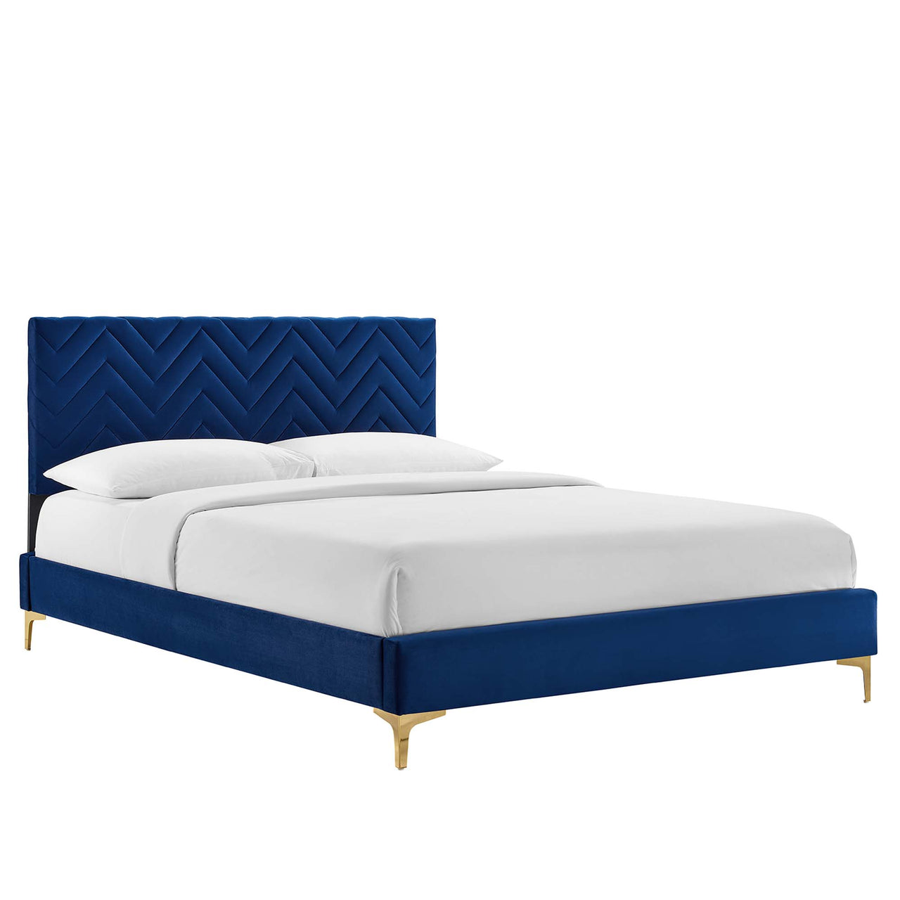 Traverse Upholstered Velvet Queen Platform Bed, Navy & Gold
