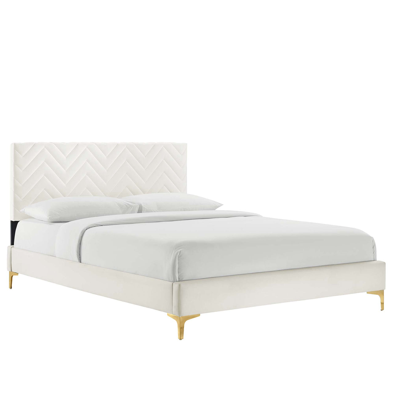 Traverse Upholstered Velvet Queen Platform Bed, White & Gold