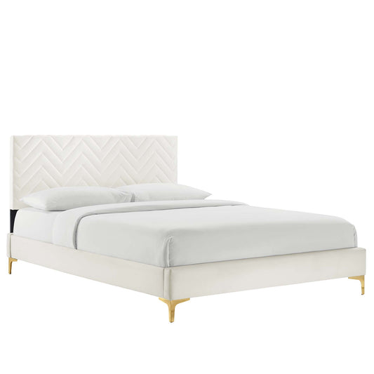 Traverse Upholstered Velvet Queen Platform Bed, White & Gold