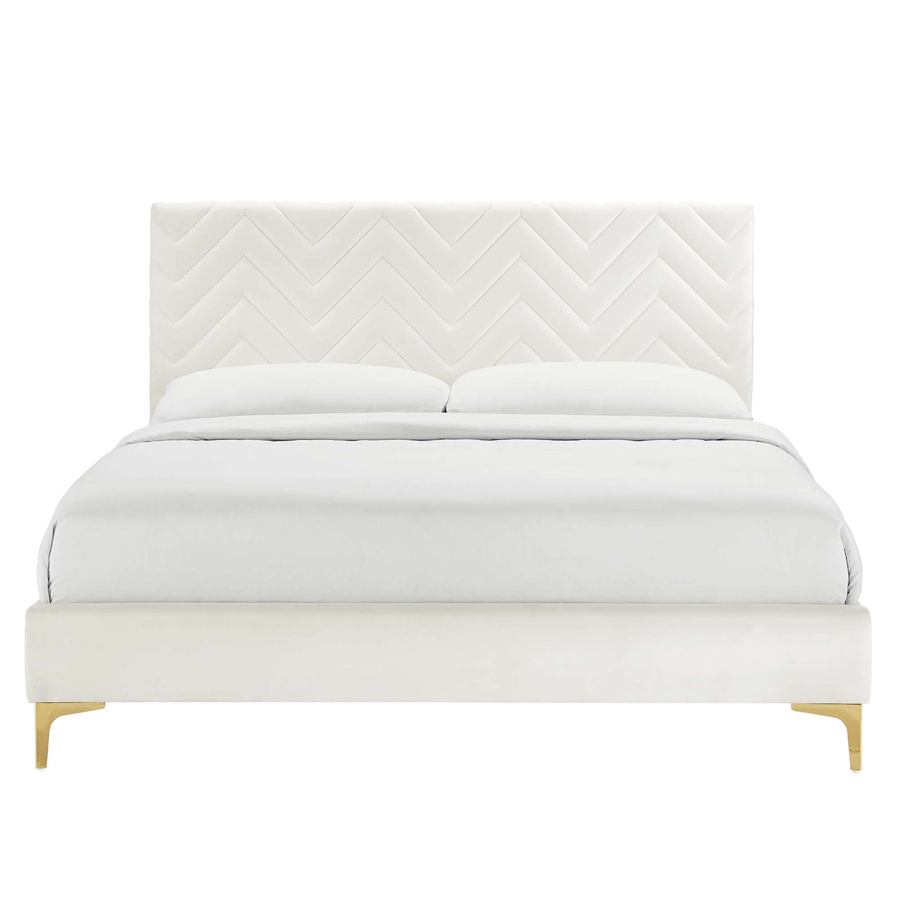 Traverse Upholstered Velvet Queen Platform Bed, White & Gold