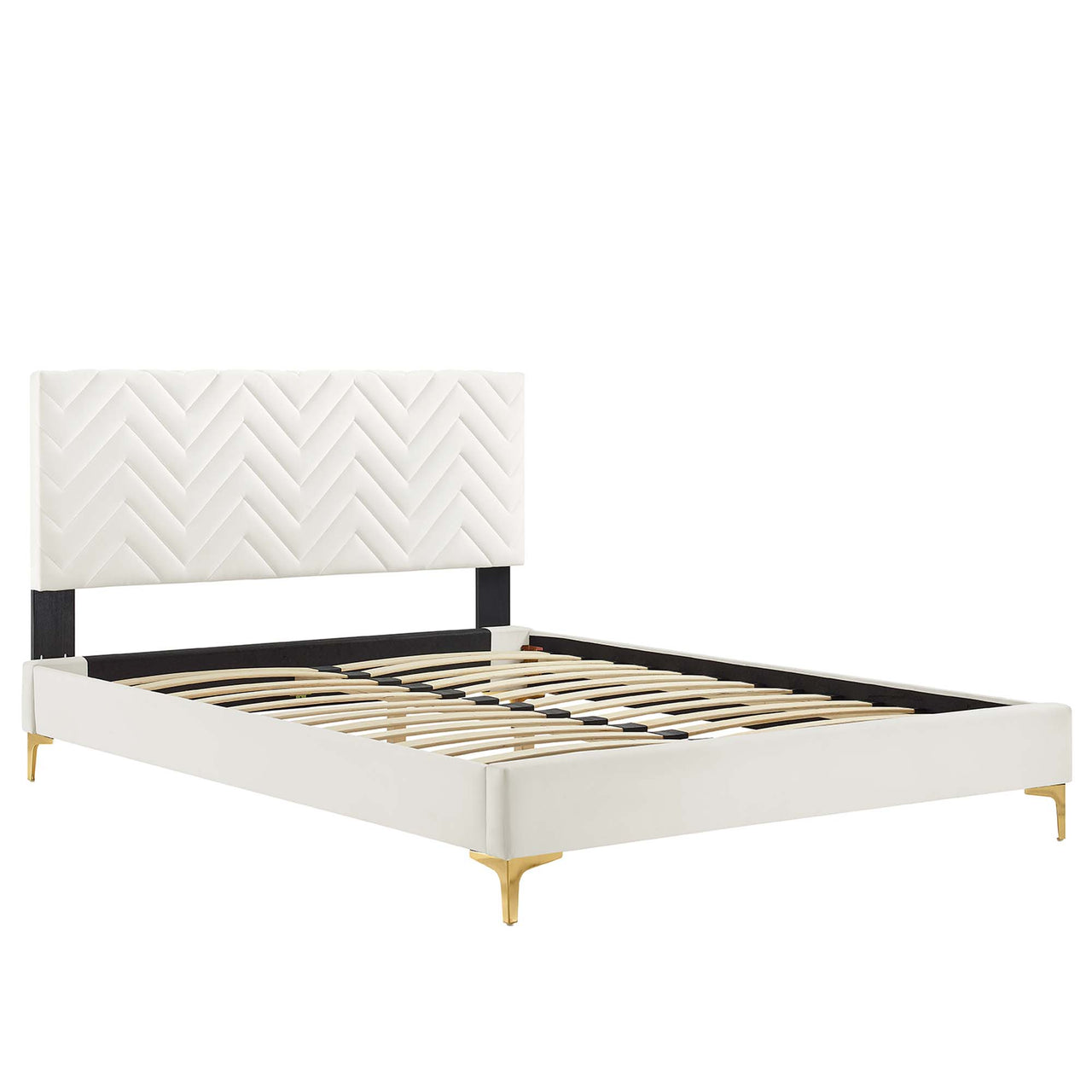 Traverse Upholstered Velvet Queen Platform Bed, White & Gold