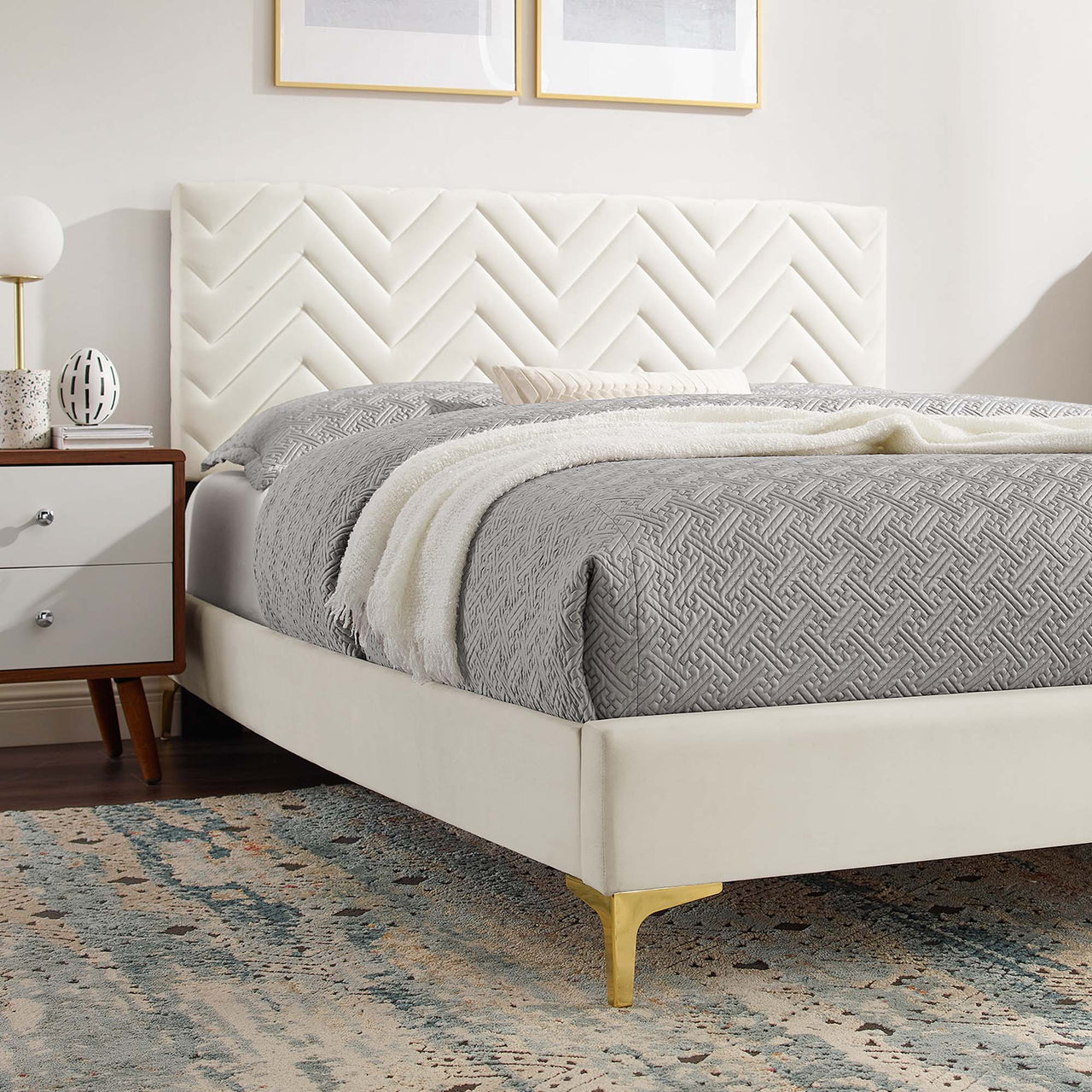 Traverse Upholstered Velvet Queen Platform Bed, White & Gold