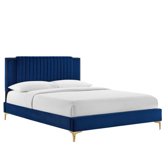 Zirelle Upholstered Velvet Queen Platform Bed, Navy