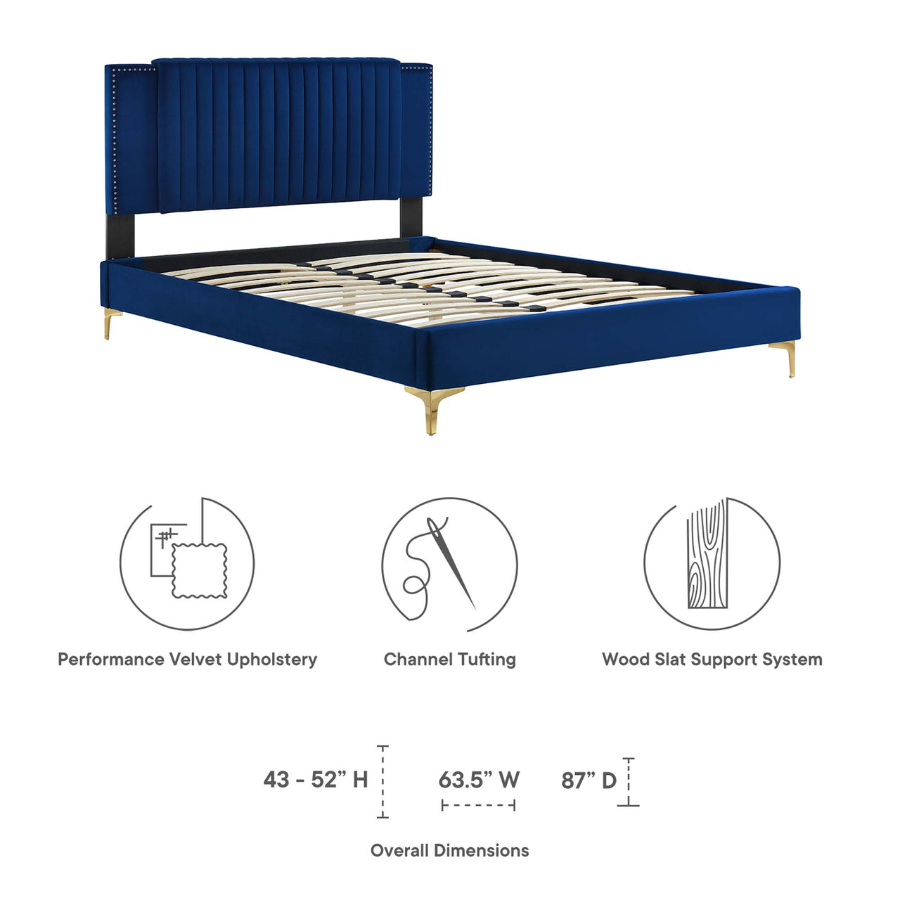 Zirelle Upholstered Velvet Queen Platform Bed, Navy