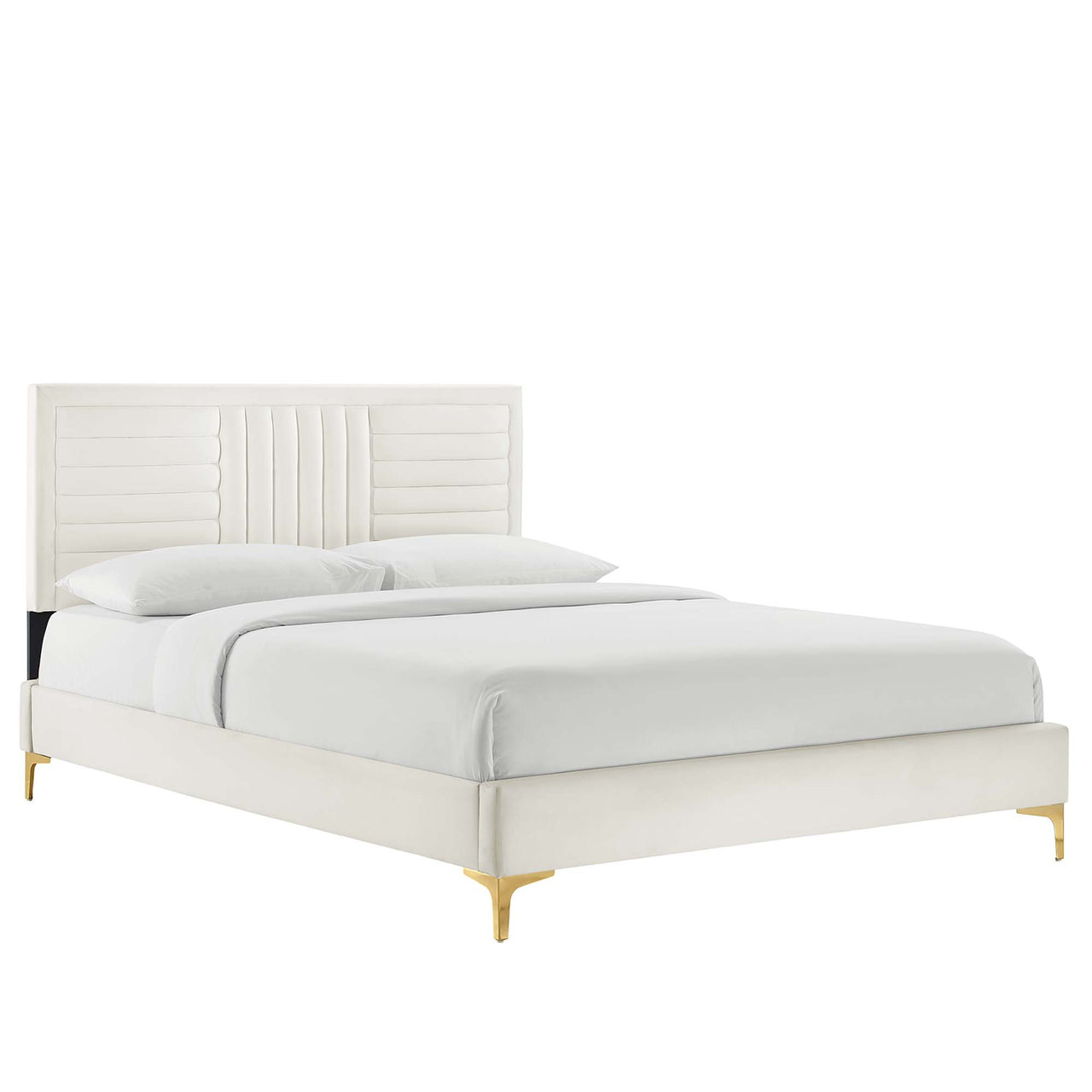 Selphie Upholstered Velvet Queen Platform Bed, White