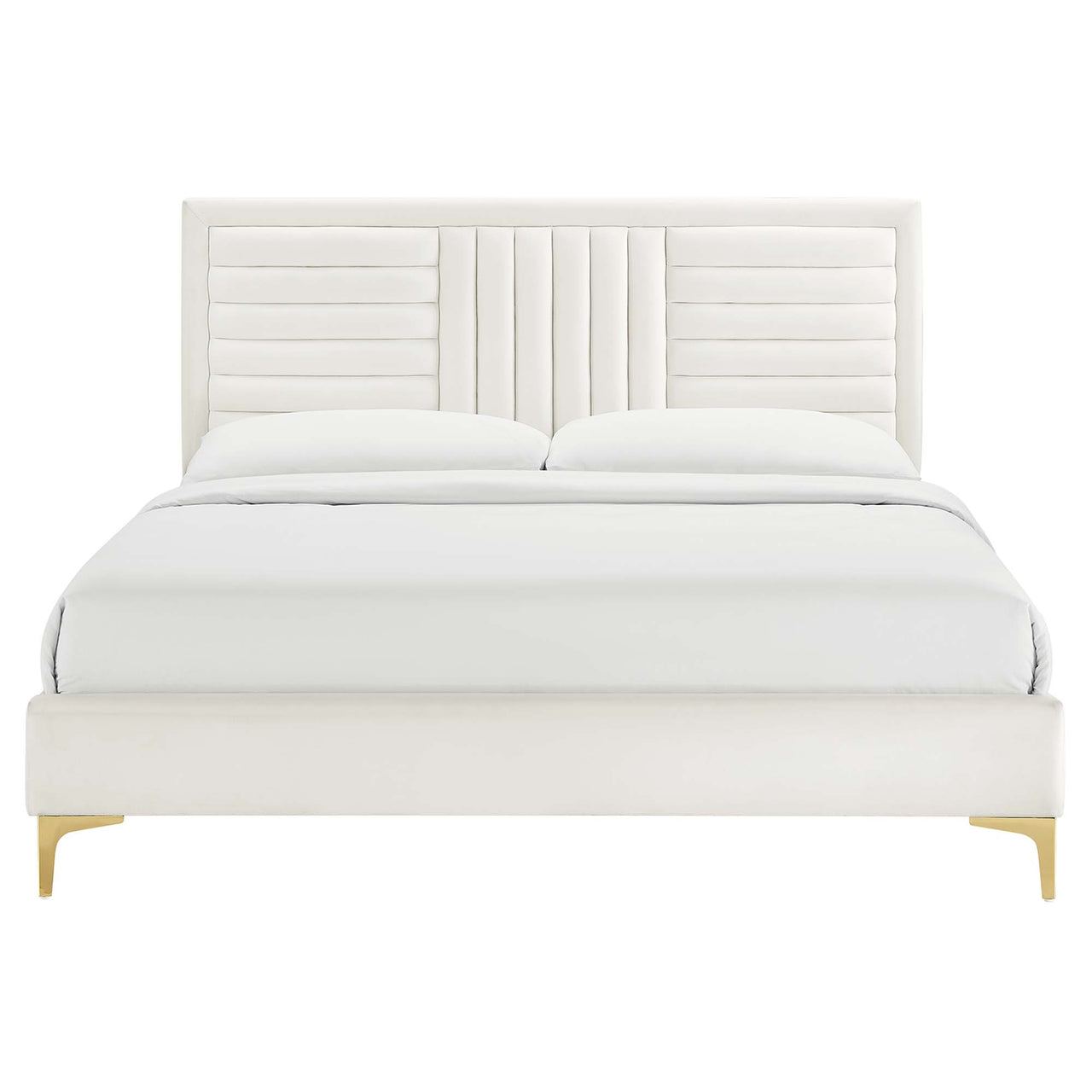 Selphie Upholstered Velvet Queen Platform Bed, White