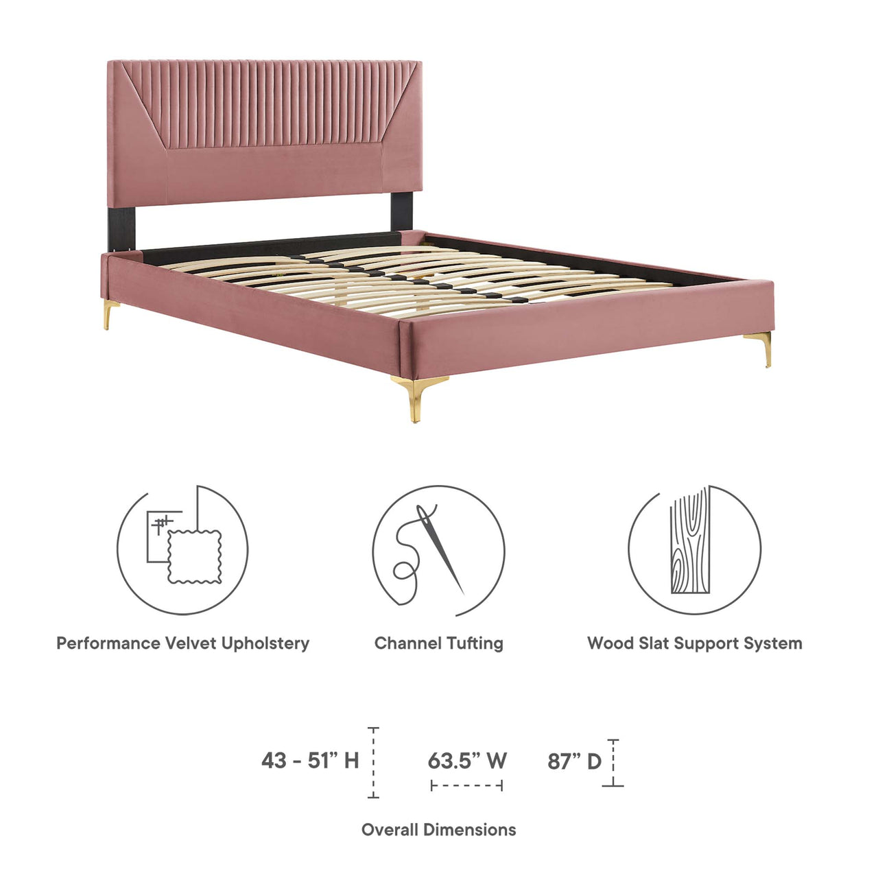 Seraphine Velvet Queen Platform Bed, Dusty Rose