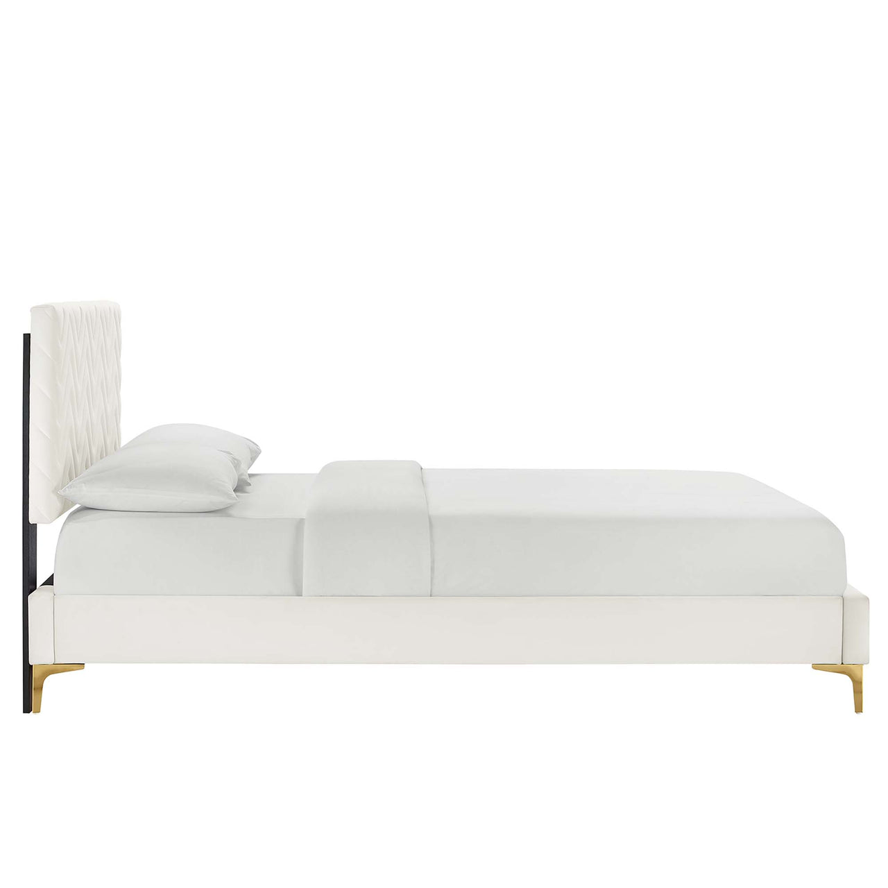 Traverse Upholstered Velvet Twin Platform Bed, White & Gold