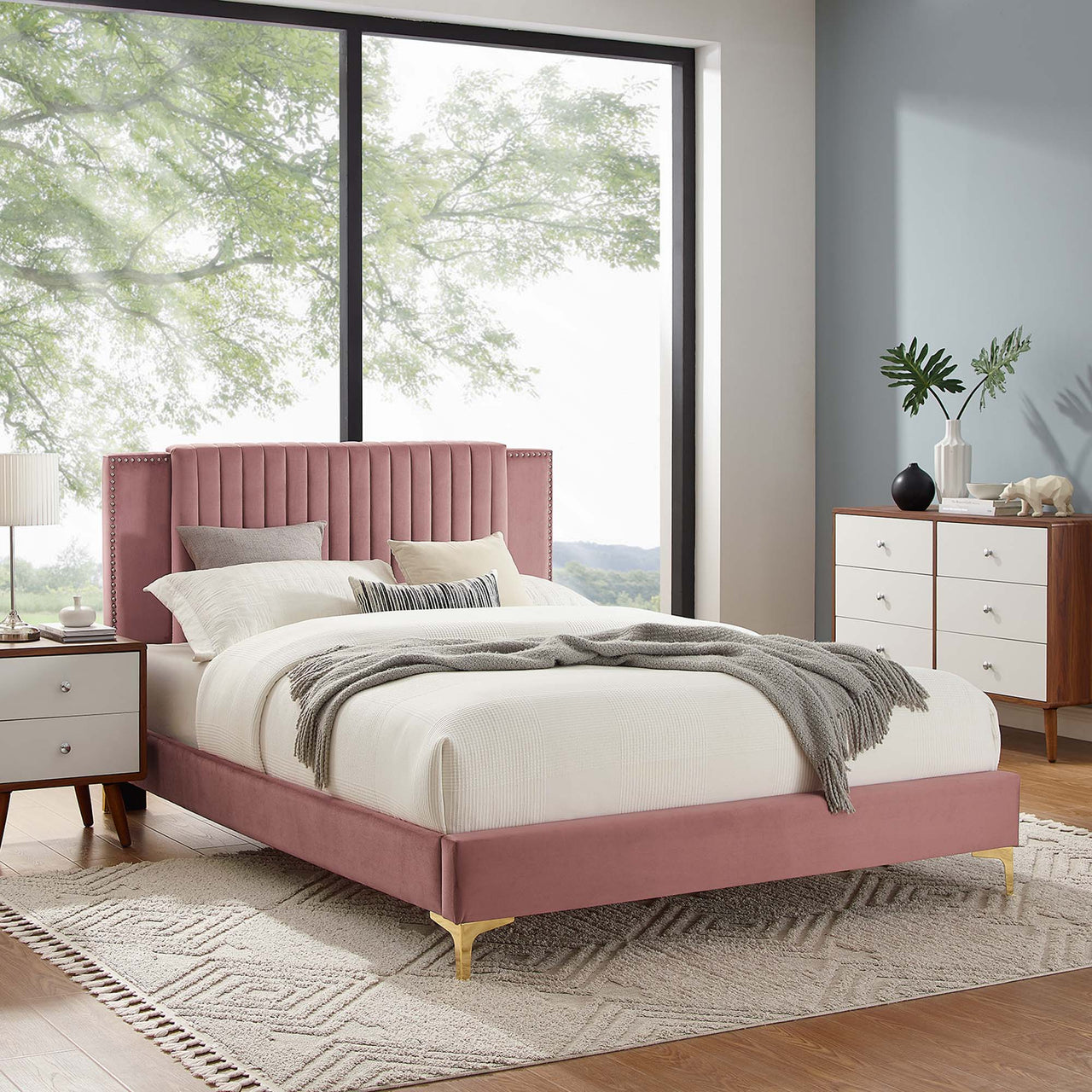 Zirelle Upholstered Velvet Twin Platform Bed, Dusty Rose