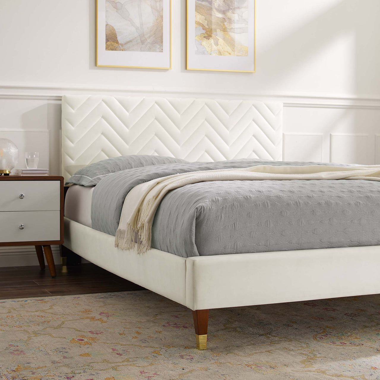 Traverse Upholstered Velvet Twin Platform Bed, White