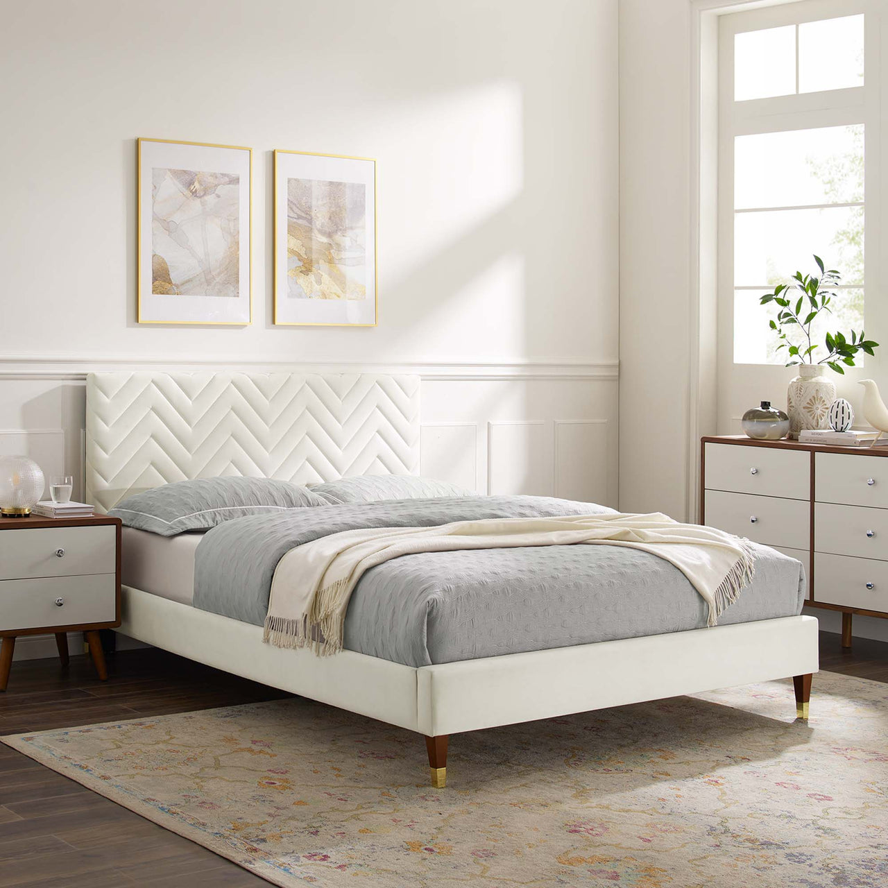 Traverse Upholstered Velvet Twin Platform Bed, White