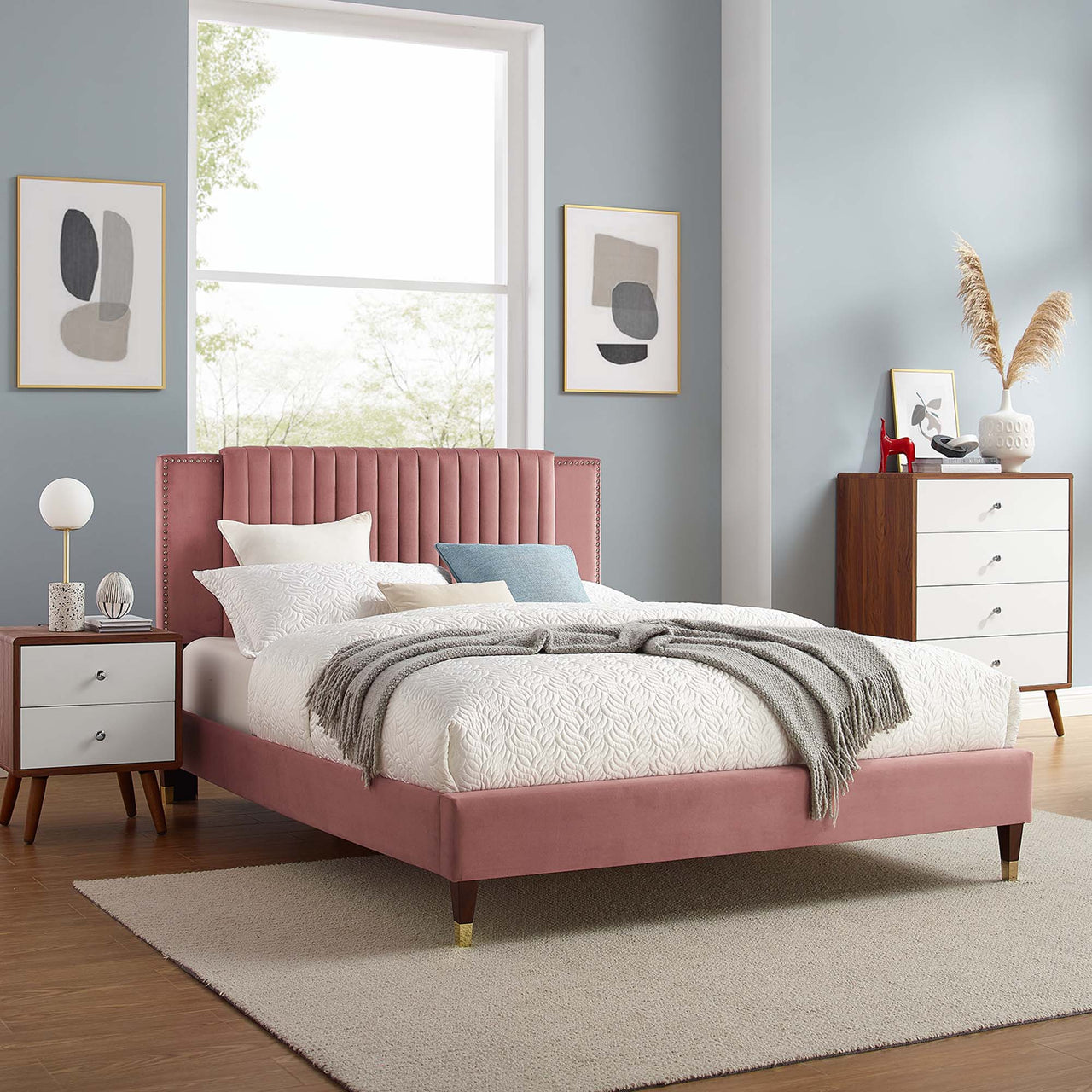 Zirelle Upholstered Velvet Twin Platform Bed, Dusty Rose