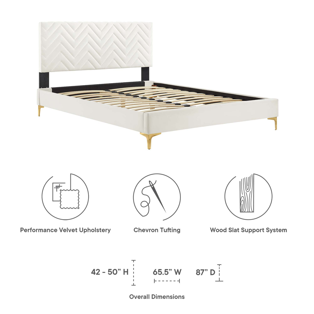 Traverse Upholstered Velvet Full Platform Bed, White & Gold