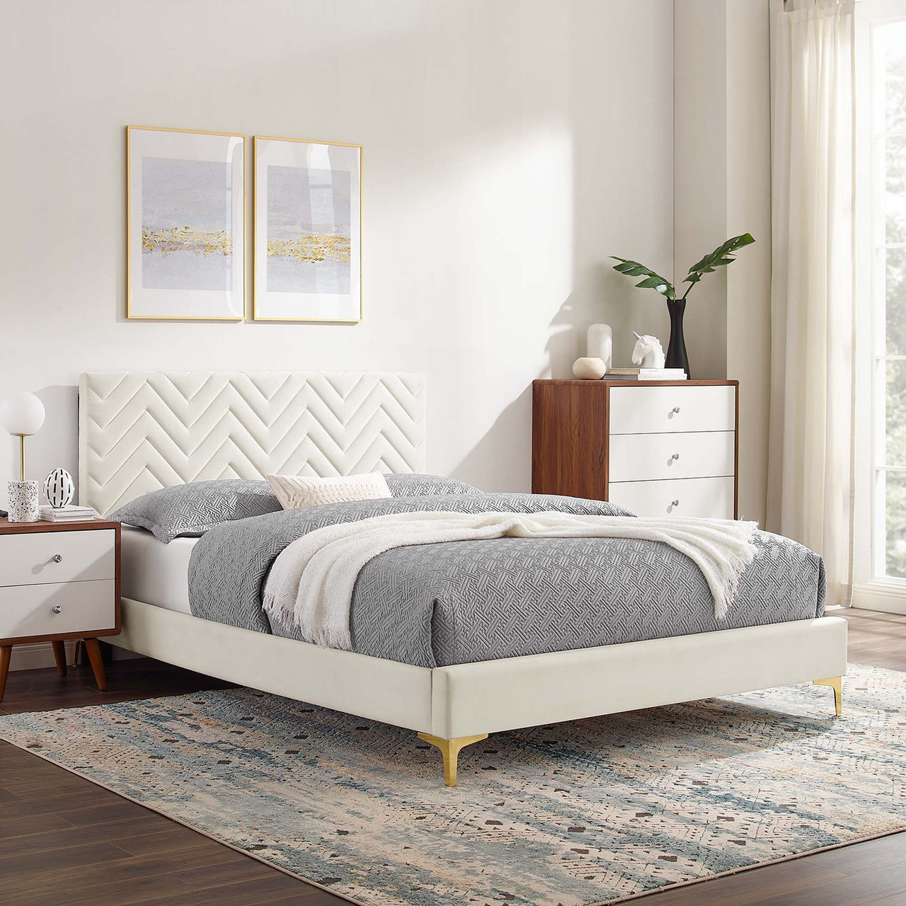 Traverse Upholstered Velvet Full Platform Bed, White & Gold
