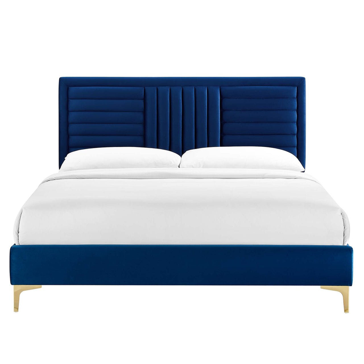 Selphie Upholstered Velvet Full Platform Bed, Navy