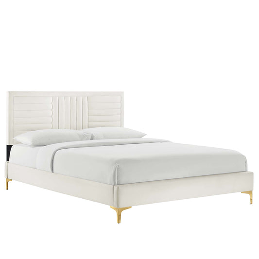 Selphie Upholstered Velvet Full Platform Bed, White