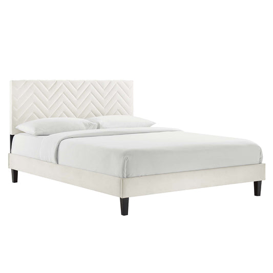 Traverse Upholstered Velvet Full Platform Bed, White & Black